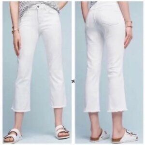 Anthro Pilcro & The Letterpress Script High Rise Crop Flare Raw Hem White Jeans